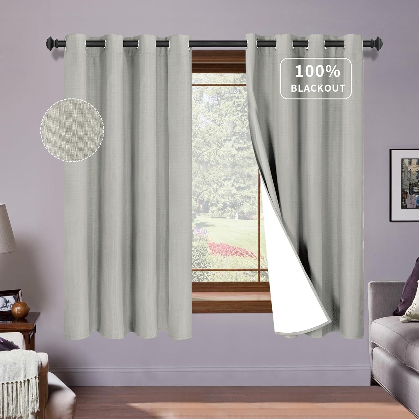 Purefit White Linen Blackout Curtains 84 Inches Long 100% Room Darkening Thermal Insulated Window Curtain Drapes for Bedroom Living Room Nursery with Anti-Rust Grommets & Energy Saving Liner, 2 Panels  PureFit Light Grey 52"W X 63"L 