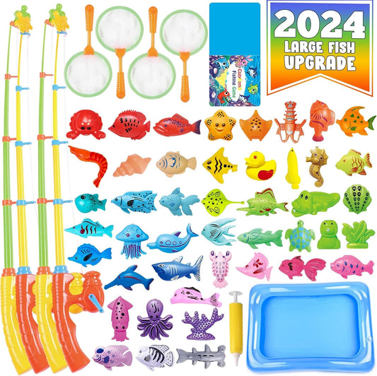 Cozybomb™ Kids Pool Fishing Toys Games | Summer Magnetic Floating Toy Magnet Pole Rod Fish Net Water Table Bathtub Bath Game, Learning Education for Age 3 4 5 Boys Girls Toddlers Carnival Party Favors
