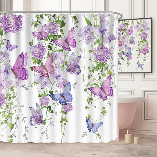 Chiinvent Purple Shower Curtain Butterfly Shower Curtains for Bathroom, Spring Shower Curtain Lavender Lilac Pink Floral Shower Curtain with 12 Hooks, Machine Washable Waterproof Fabric, 72X72 Inches
