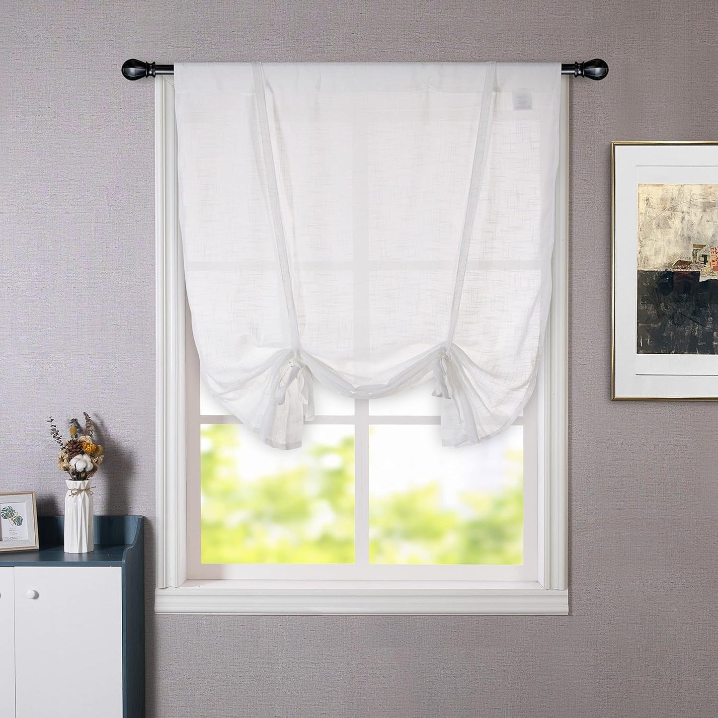 Driftaway Solid Color Linen Sheer Voile Tie up Decorative Slub Sheer Linen Curtains Adjustable Balloon Rod Pocket Window Curtains for Small Window 25 Inch by 47 Inch White