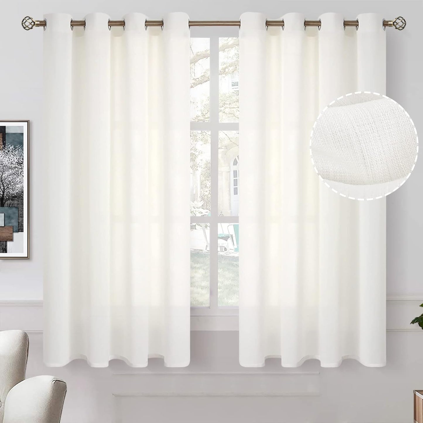 Bgment Natural Linen Look Semi Sheer Curtains for Bedroom, 52 X 54 Inch White Grommet Light Filtering Casual Textured Privacy Curtains for Bay Window, 2 Panels  BGment Ivory Cream 52W X 63L 