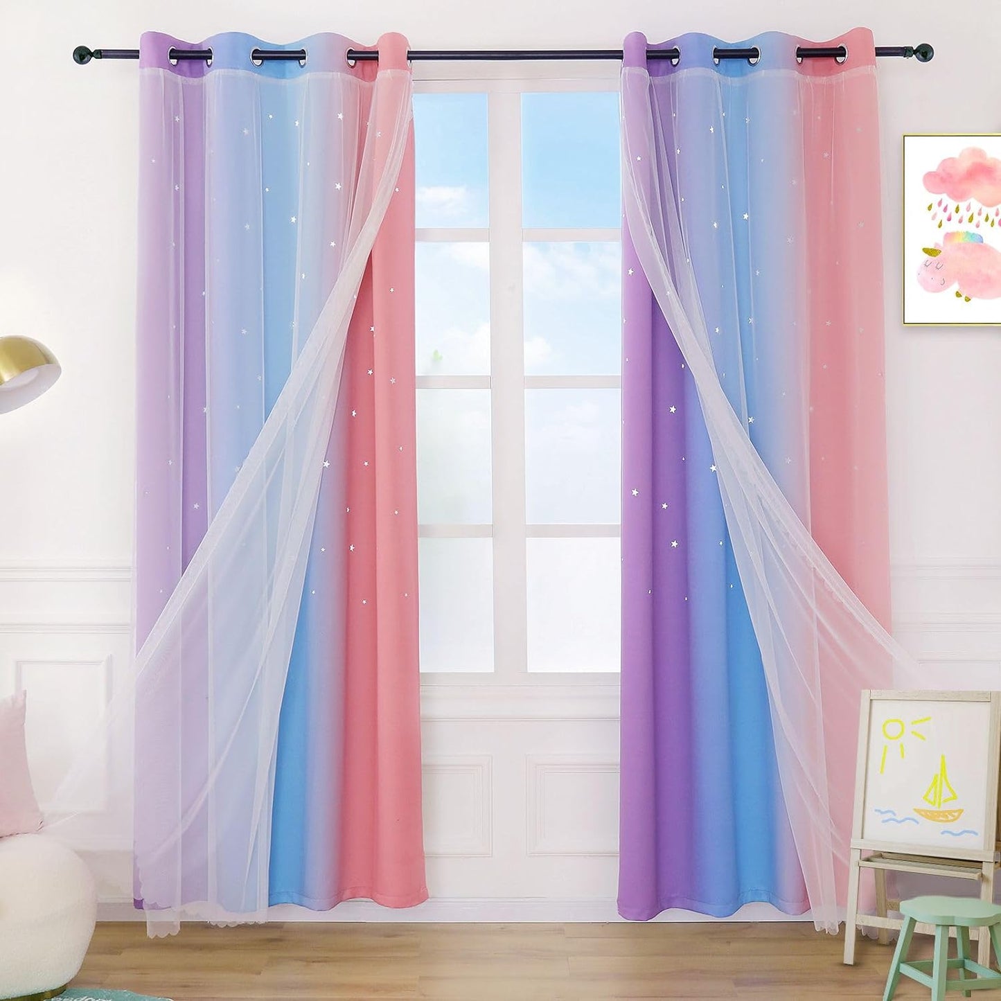 Anjee Rainbow Curtains for Girls Bedroom Double Layer Blackout Curtains Grommets Top Star Cutout Ombre Window Drapes with Sheer for Living Room 2 Panels in 52 X 84 Inch Length, Pink and Yellow  Anjee Purple/Blue/Pink W52" X L95" 