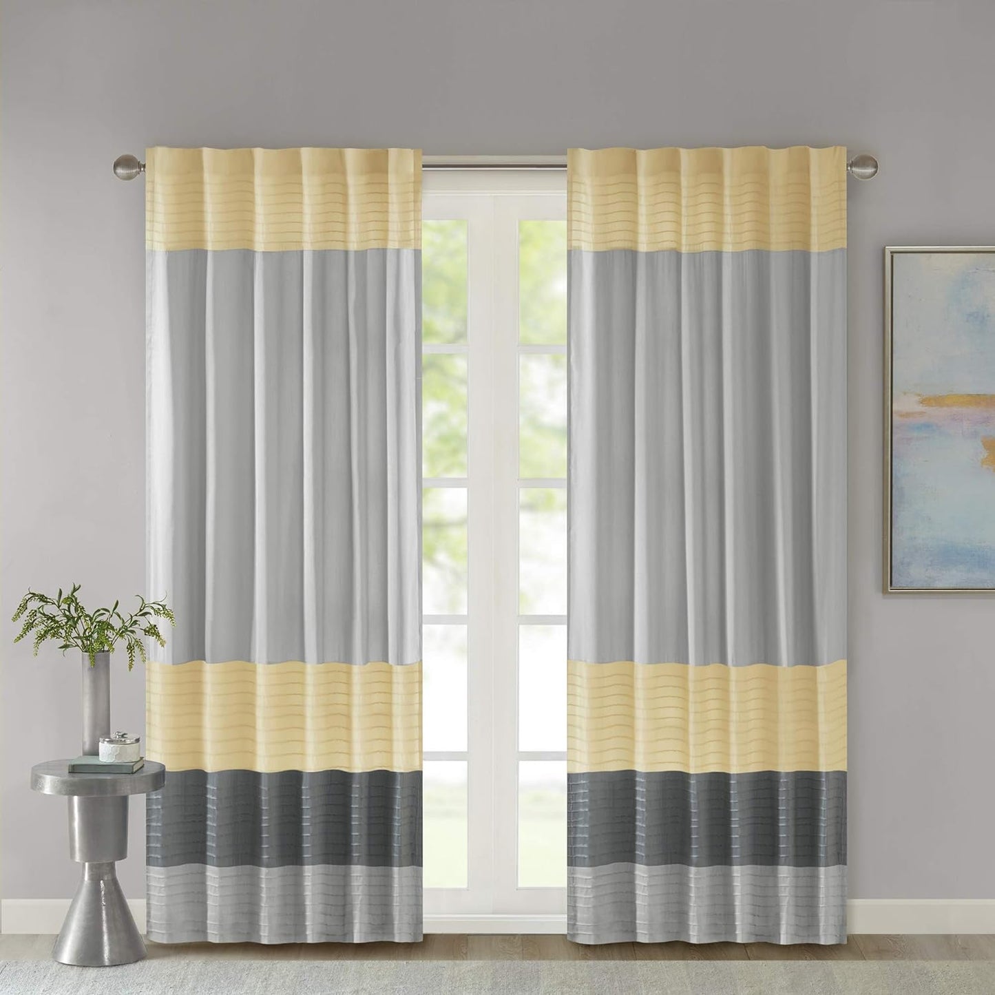 Madison Park Amherst Single Panel Faux Silk Rod Pocket Curtain with Privacy Lining for Living Room, Window Drape for Bedroom and Dorm, 50X84, Black  Madison Park Yellow 84"X50" 