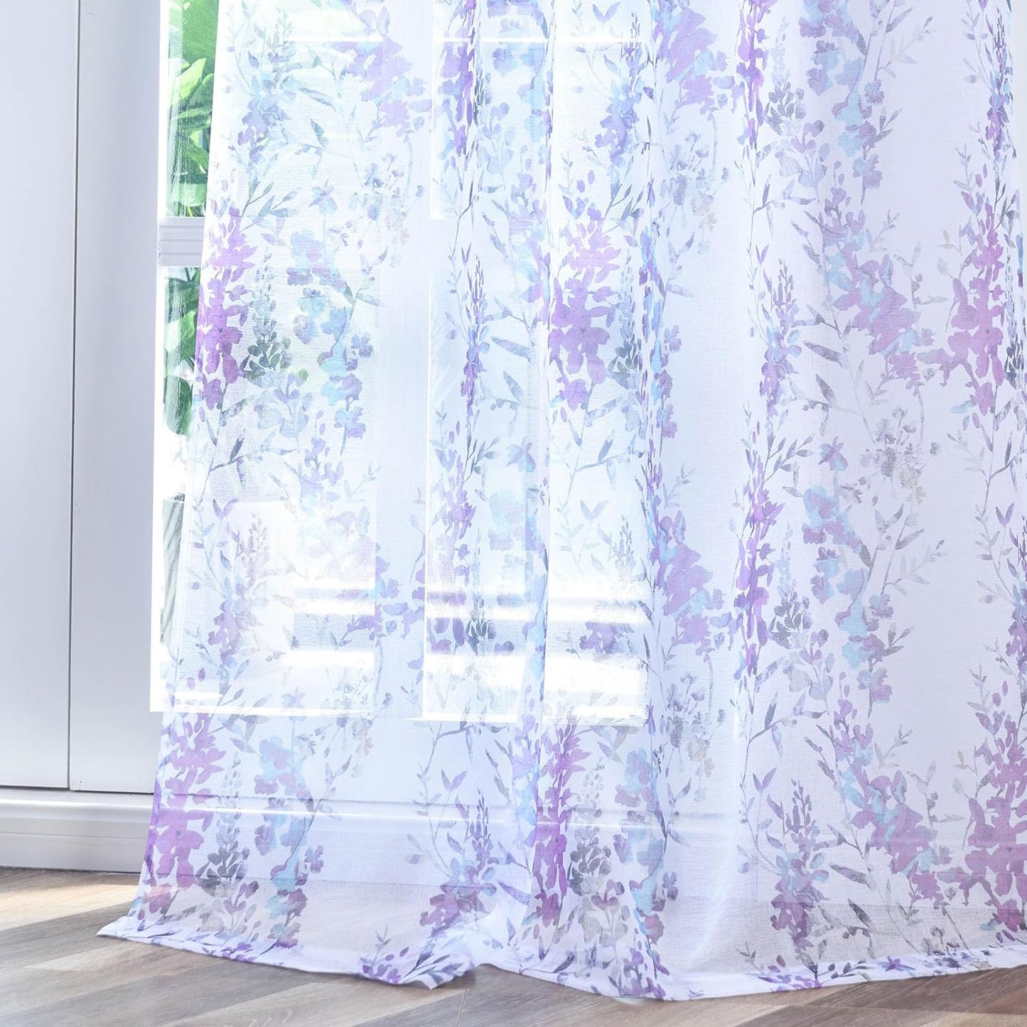 Kotile Purple White Sheer Curtains, Country Branch Leaf Print Sheer Curtains 63 Inch Length for Bedroom, Rod Pocket Privacy Floral Sheer Window Curtains, 50 X 63 Inch, 2 Panels, Purple  Kotile Textile Purple W50 X L96 Inch 