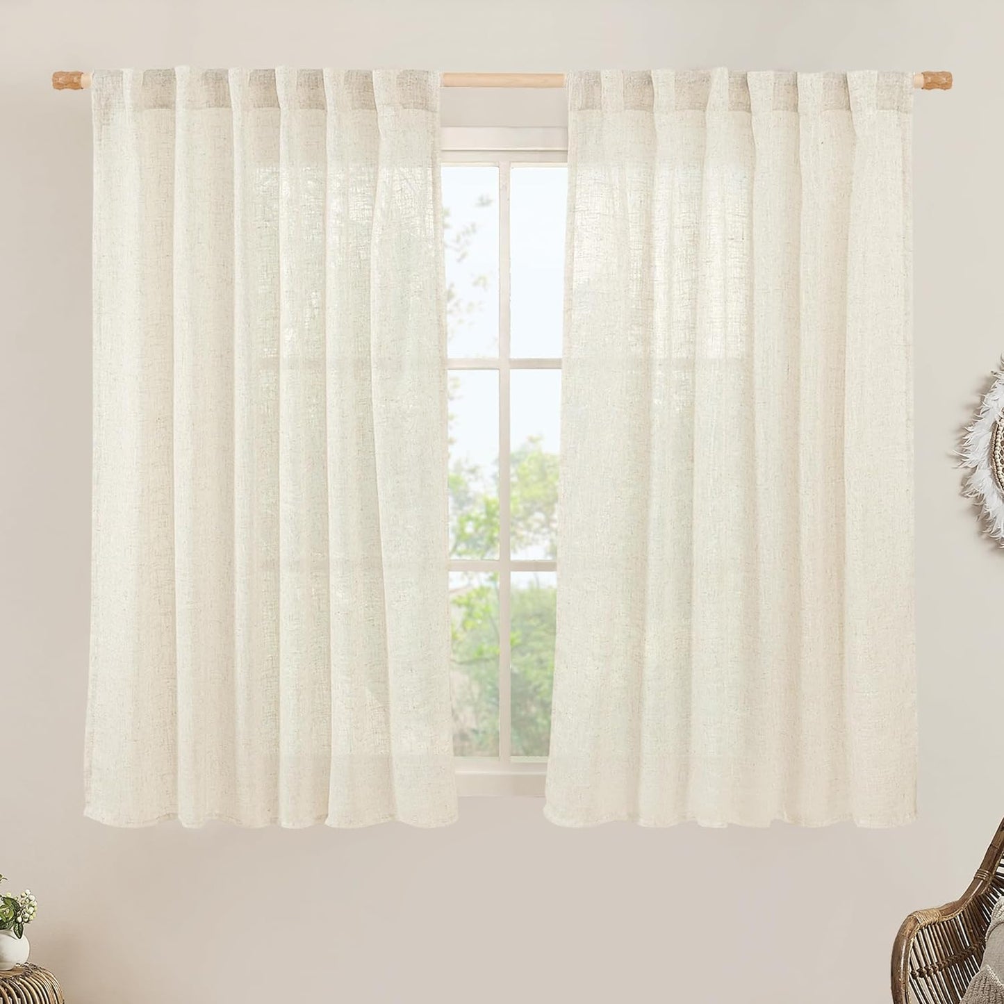 LAMIT Natural Linen Blended Curtains for Living Room, Back Tab and Rod Pocket Semi Sheer Curtains Light Filtering Country Rustic Drapes for Bedroom/Farmhouse, 2 Panels,52 X 108 Inch, Linen  LAMIT Natural 52W X 54L 