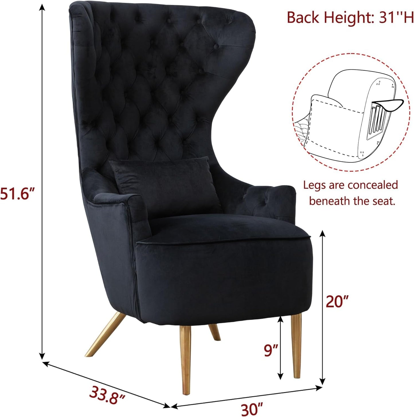 30" W Tufted Velvet Upholstered High Wingback Chair, Mid Century Modern Armchair Accent Chair with Toss Pillow Metal Legs for Living Room Bedroom Apartment Lounge Nursery, Black