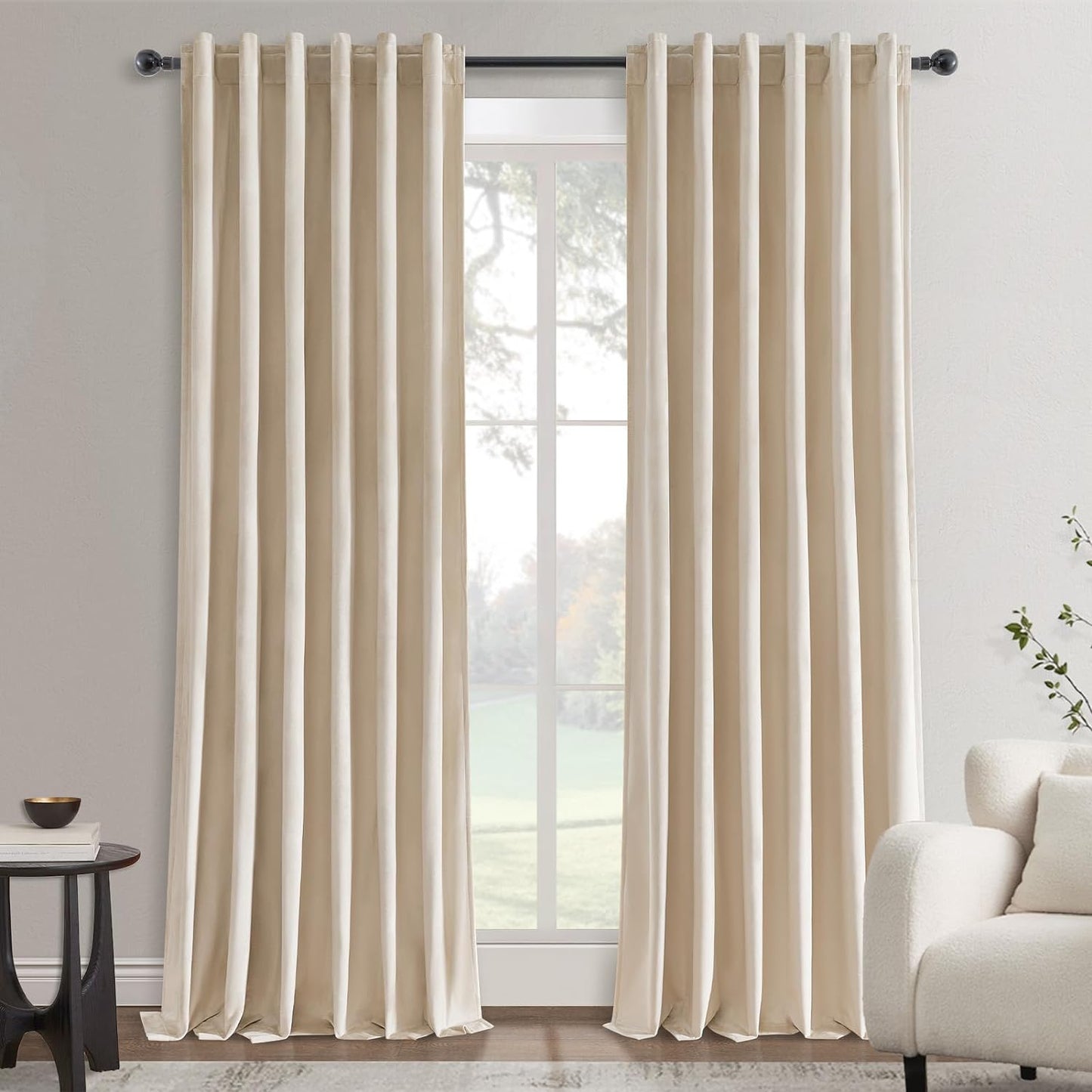 Topfinel Olive Green Velvet Curtains 84 Inches Long for Living Room,Blackout Thermal Insulated Curtains for Bedroom,Back Tab Modern Window Treatment for Living Room,52X84 Inch Length,Olive Green  Top Fine Beige 52" X 102" 
