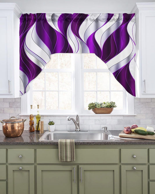 Modern Purple Swag Valance Kitchen Curtains, Rod Pocket Valance Curtain Panels for Bedroom Living Room Bathroom Cafe Windows, Geometric Stripes Abstract Grey White 56''X36''