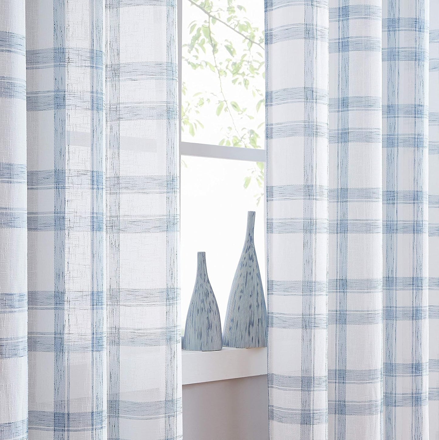 Randall Geometric Check Curtain Panel 95 Inches Long for Living Room Linen Blend Semi Sheer Backtab Rod Pocket Farmhouse Style Window Treatment Drape Sets for Bedroom, 54Wx95Lx2, Blue/White  Randall Blue 54"X63"X2 