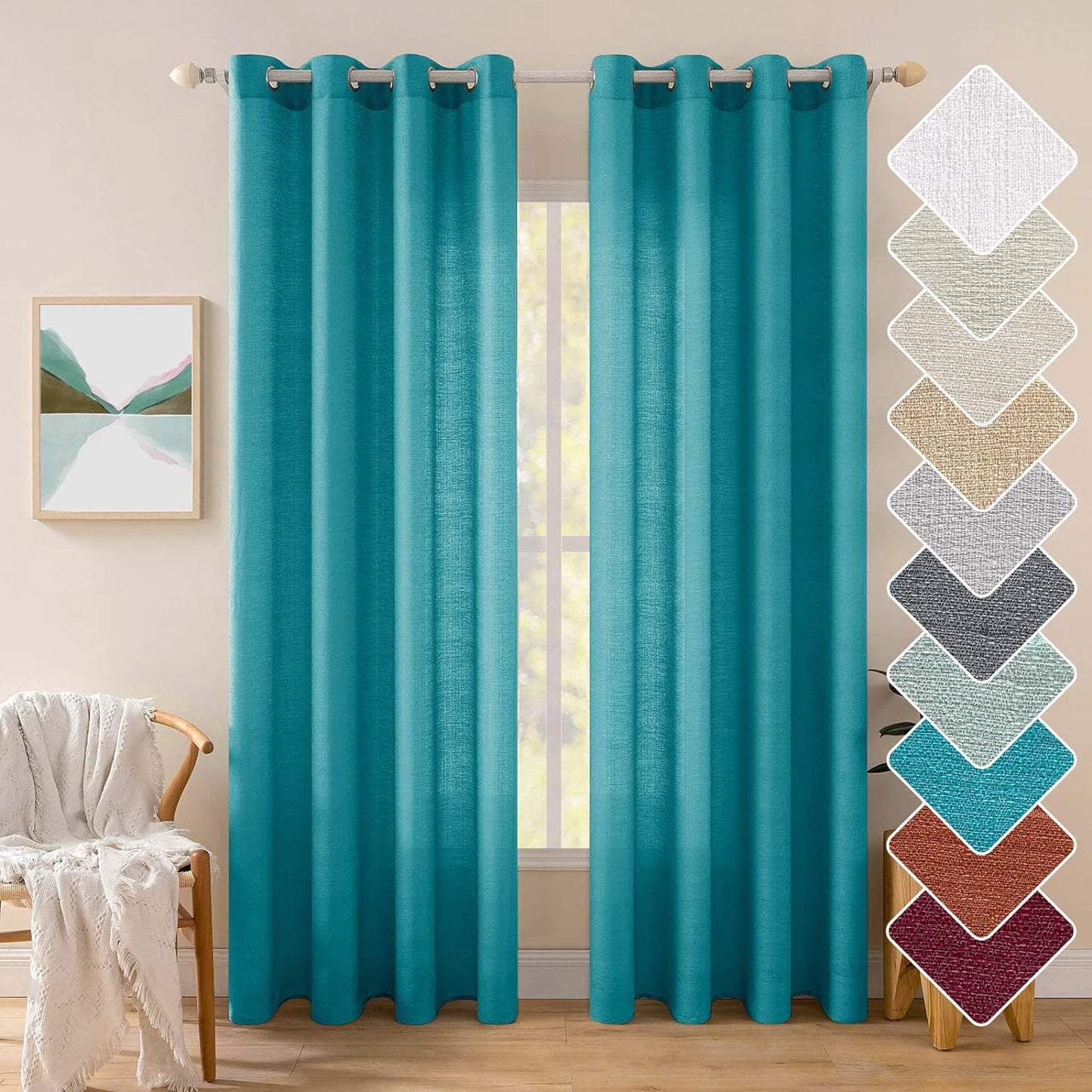 MIULEE Burnt Orange Linen Semi Sheer Curtains 2 Panels for Living Room Bedroom Linen Textured Light Filtering Privacy Window Curtains Terracotta Grommet Drapes Rust Boho Fall Decor W 52 X L 84 Inches  MIULEE Grommet | Teal Blue W52 X L84 