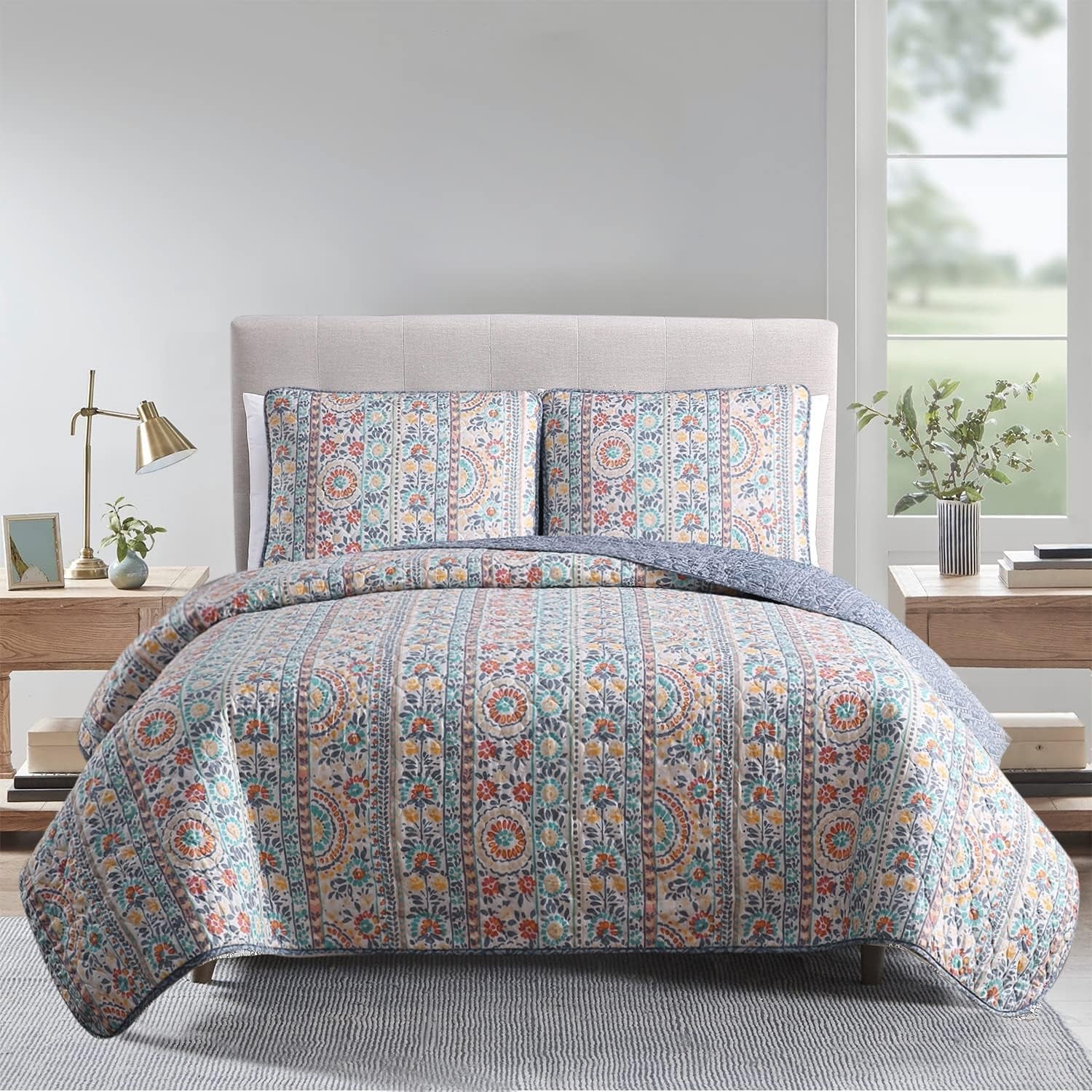 Bohemian Quilt Set Full Queen Size 3 Piece, Cosima Striped Pattern Printed Bedding Coverlet Set, Lightweight Soft Reversible Bedspread Sets for All Season (1 Quilt & 2 Pillow Shams)