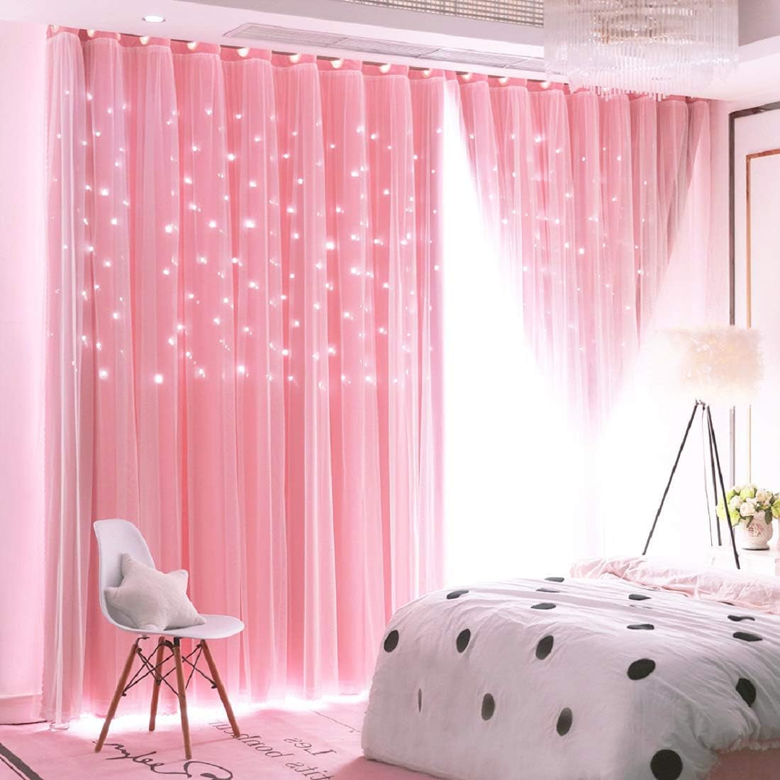 UNISTAR 2 Panels Stars Blackout Curtains for Bedroom Girls Kids Baby Window Decoration Double Layer Star Cut Out Aesthetic Living Room Decor Wall Home Curtain,W52 X L63 Inches,Pink  UNISTAR 2Panels丨Double-Layer,Pink 63.00" X 42.00" 