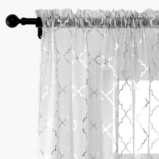 Kotile Silver Grey Sheer Curtains 96 Inch - Metallic Silver Foil Moroccan Tile Printed Rod Pocket Privacy Light Filtering Curtains for Living Room, 52 X 96 Inches, 2 Panels, Grey and Silver  Kotile Textile Grey Silver W52" X L108" 