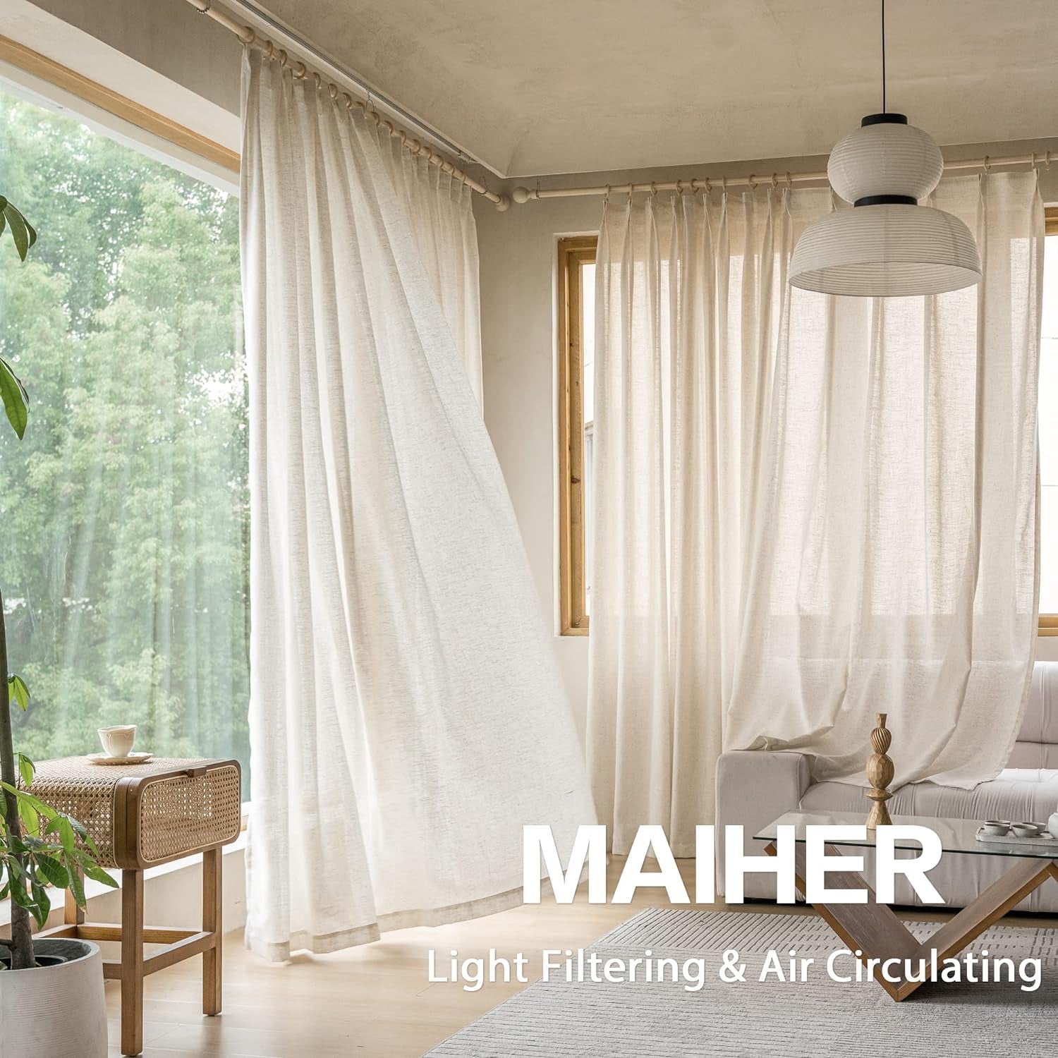 MAIHER Extra Wide Faux Linen Curtains Pinch Pleated, 108 Inches Long Light Filtering Semi Sheer Curtains Patio Door for Living Room, Pinch Pleat Drapes with Hooks (1 Panel, 84" W X 108" L)  MAIHER   