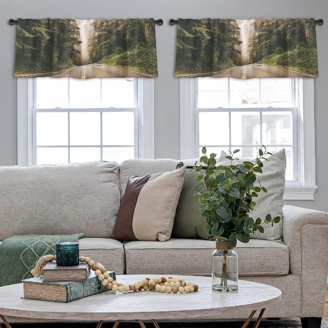 Forest Kitchen Window Curtains over Sink Kitchen Curtains Valances Foggy Straight Northern California United States Road Forest Curtains for Kitchen Living Room Bathroom Set of 2, 52X18 Inch
