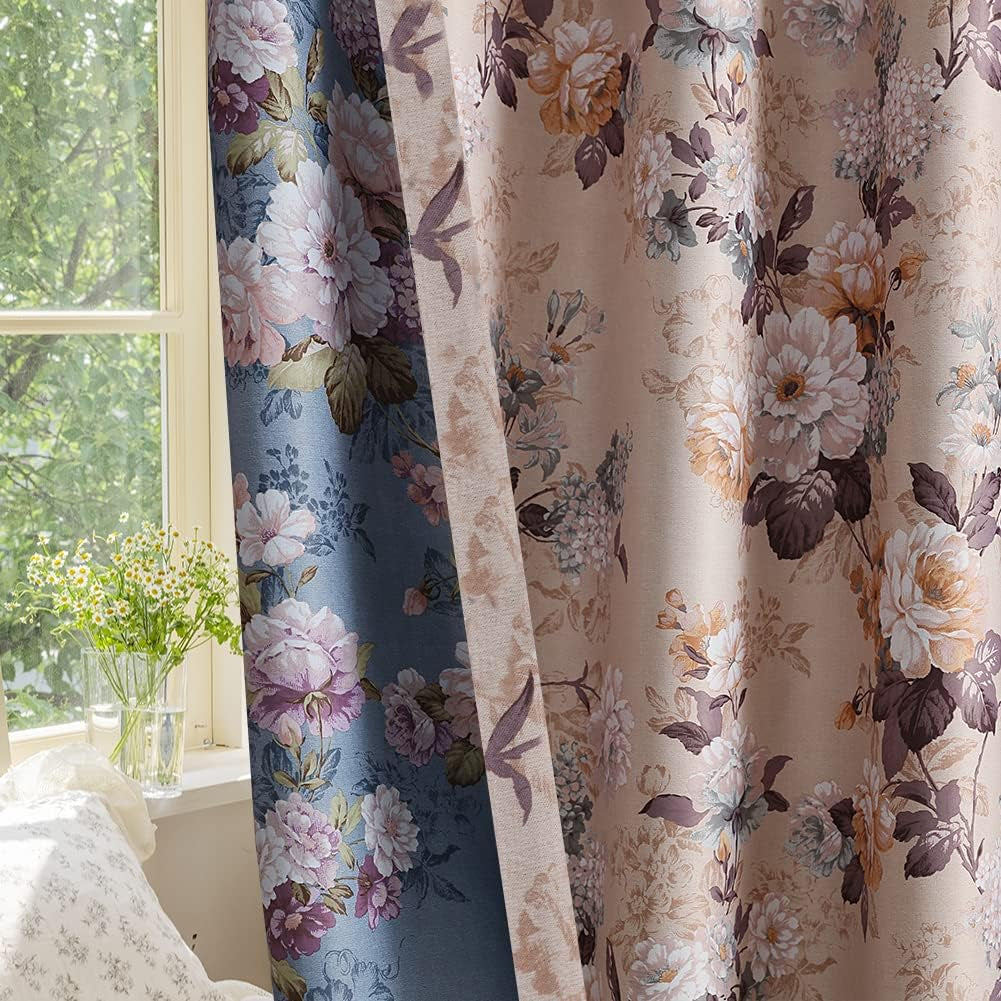 Double Sided Floral Blackout Curtains for Bedroom Patterned Vintage Flower Thermal Insulated Window Drapes Room Darkening for Living Room 2 Panels 84 Inches Long Blue  SUOUO Front ( Coffee Color)/Back ( Blue Color) W52 X L96 Inch,1Pair 