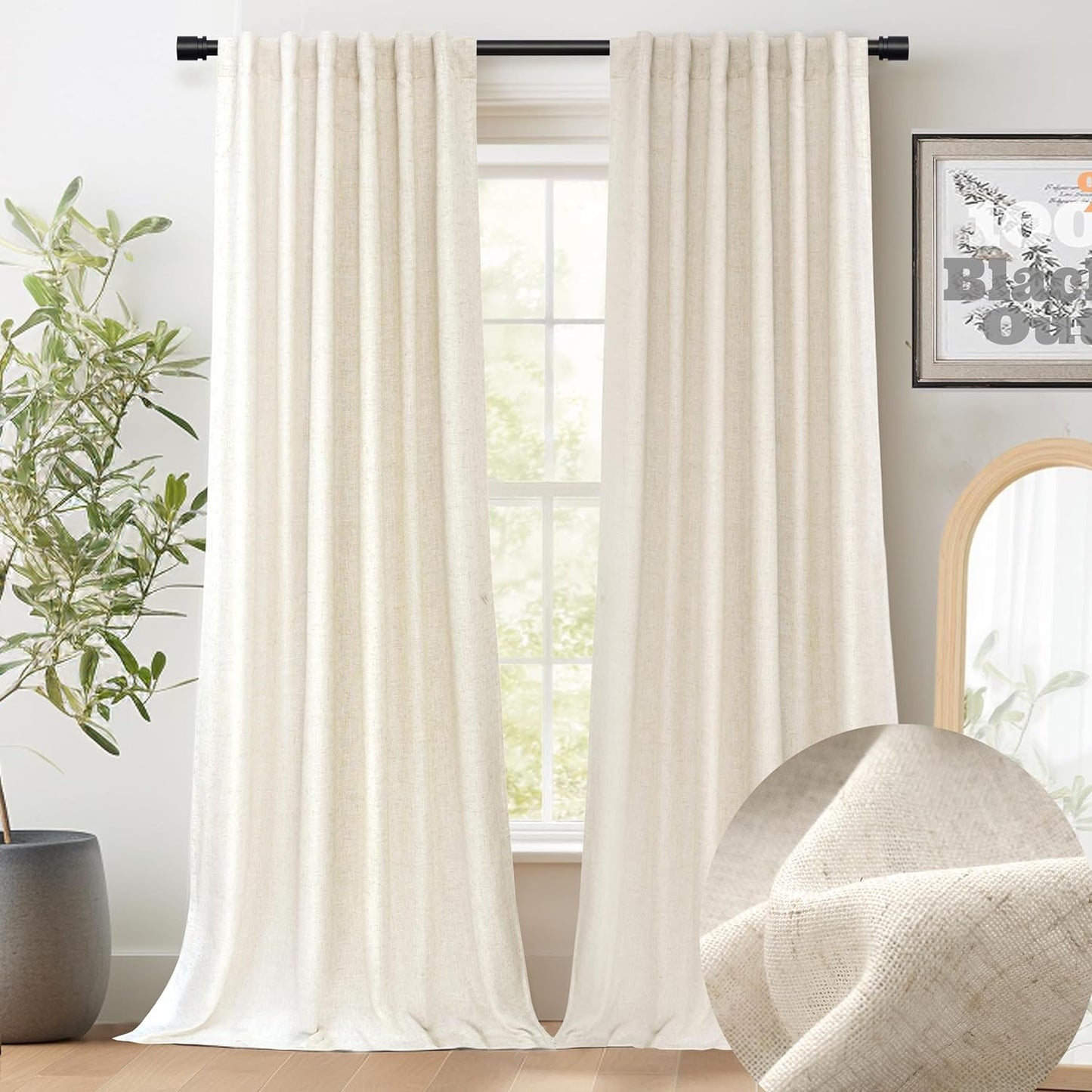 Driftaway 100% Blackout Natural Linen Curtains for Bedroom 96 Inches Long Double Layer Drape Farmhouse Thermal Insulated 3 Inch Rod Pocket Back Tab Full Light Blocking 2 Panels for Living Room Nursery  DriftAway Light Linen 52"X84" 