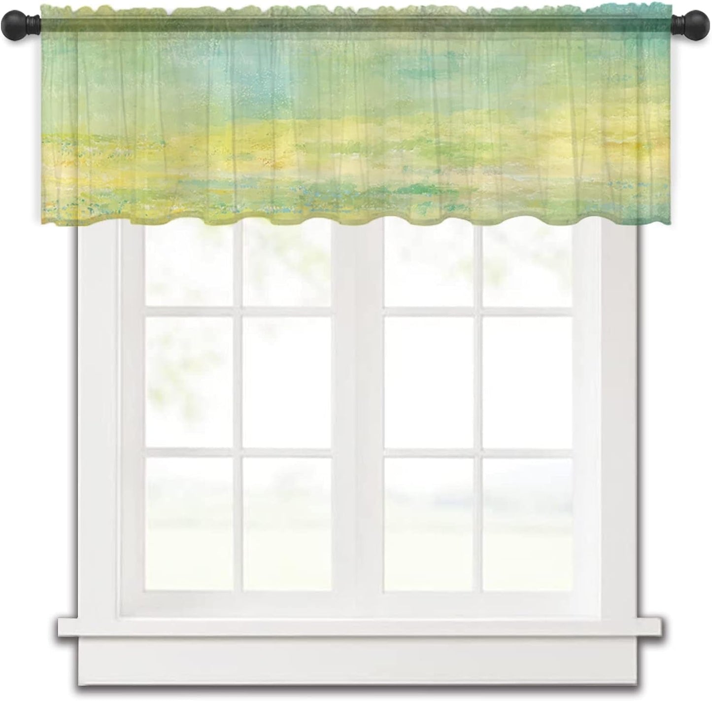 Abstract Watercolor Valance Curtains for Kitchen/Living Room/Bathroom/Bedroom Window, Ombre Green Yellow Painting Art Rod Pocket Small Topper Half Short Window Curtains Voile Sheer Scarf, 54"X18"