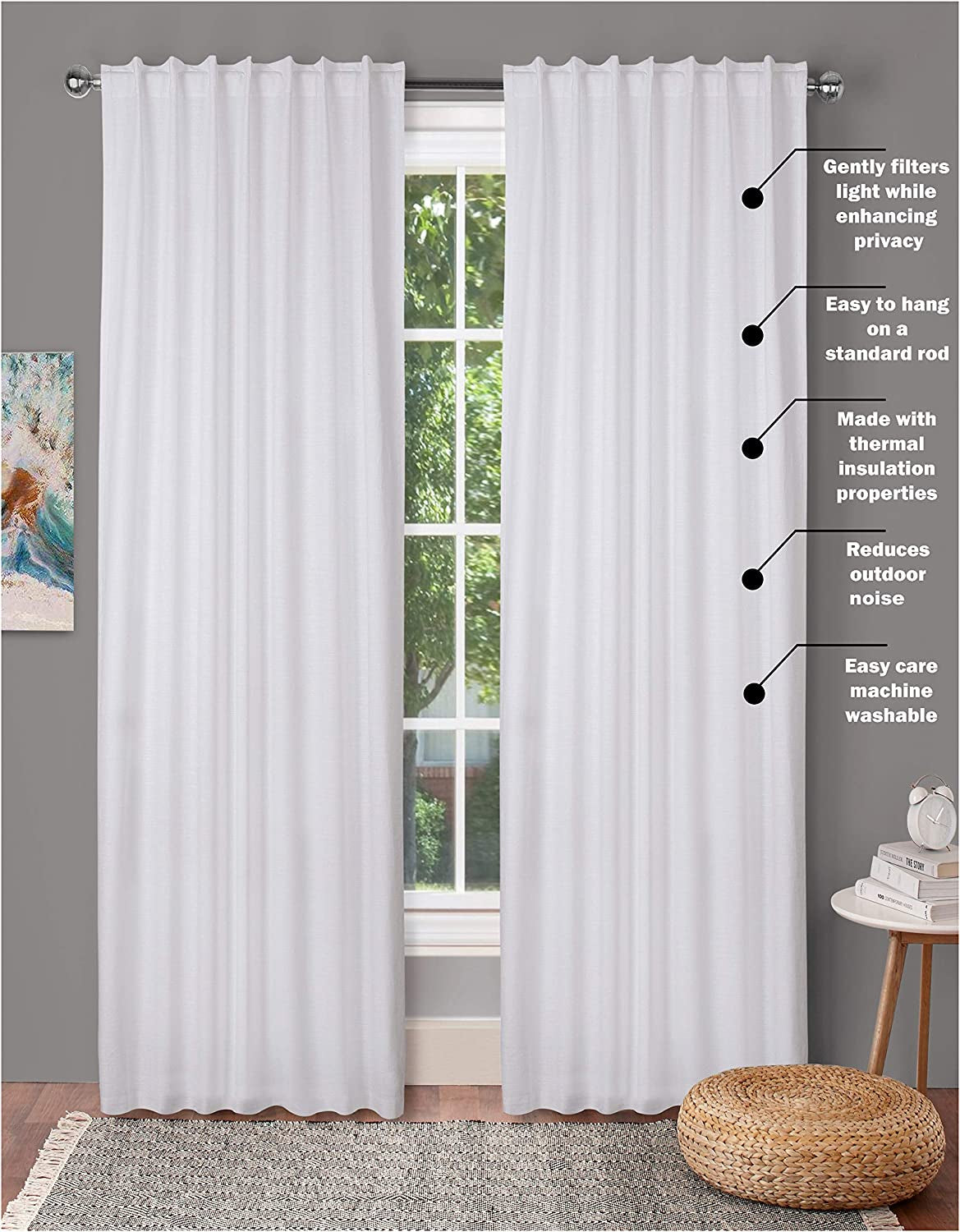 White Cotton Curtains 96 Inches Long for Living Room - Textured Semi Sheer Light Filtering Window Curtain for Boho Décor - Farmhouse Linen Back Tab Drapes for Bedroom Kitchen - 50X96 Inch, 2 Panels  The Beer Valley White 50X84 