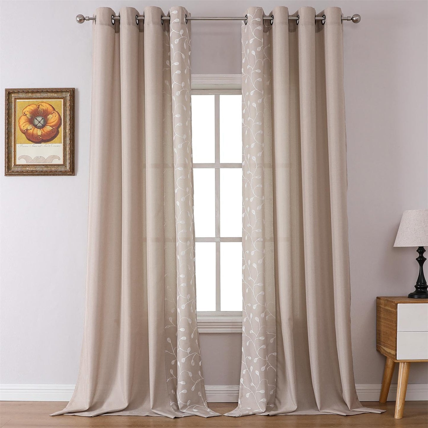 MIUCO Floral Embroidered Semi Sheer Curtains Faux Linen Grommet Curtains for Girls Room 52 X 84 Inch Set of 2, off White  MIUCO Mix  Match - Linen 52X84 Inch 