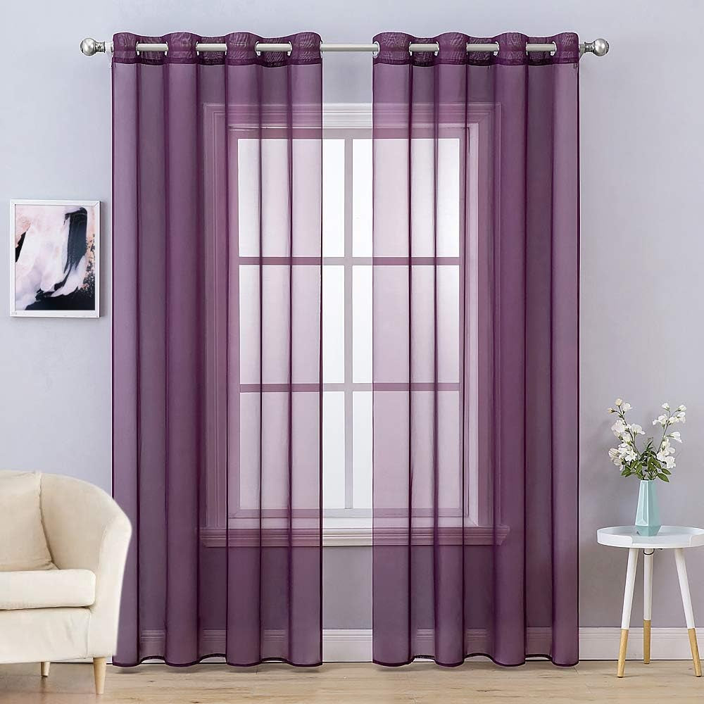 MIULEE 2 Panels Farmhouse Solid Color Beige Sheer Curtains Elegant Grommet Window Voile Panels/Drapes/Treatment for Bedroom Living Room (54X84 Inch)  MIULEE Plum Purple 54''W X 84''L 