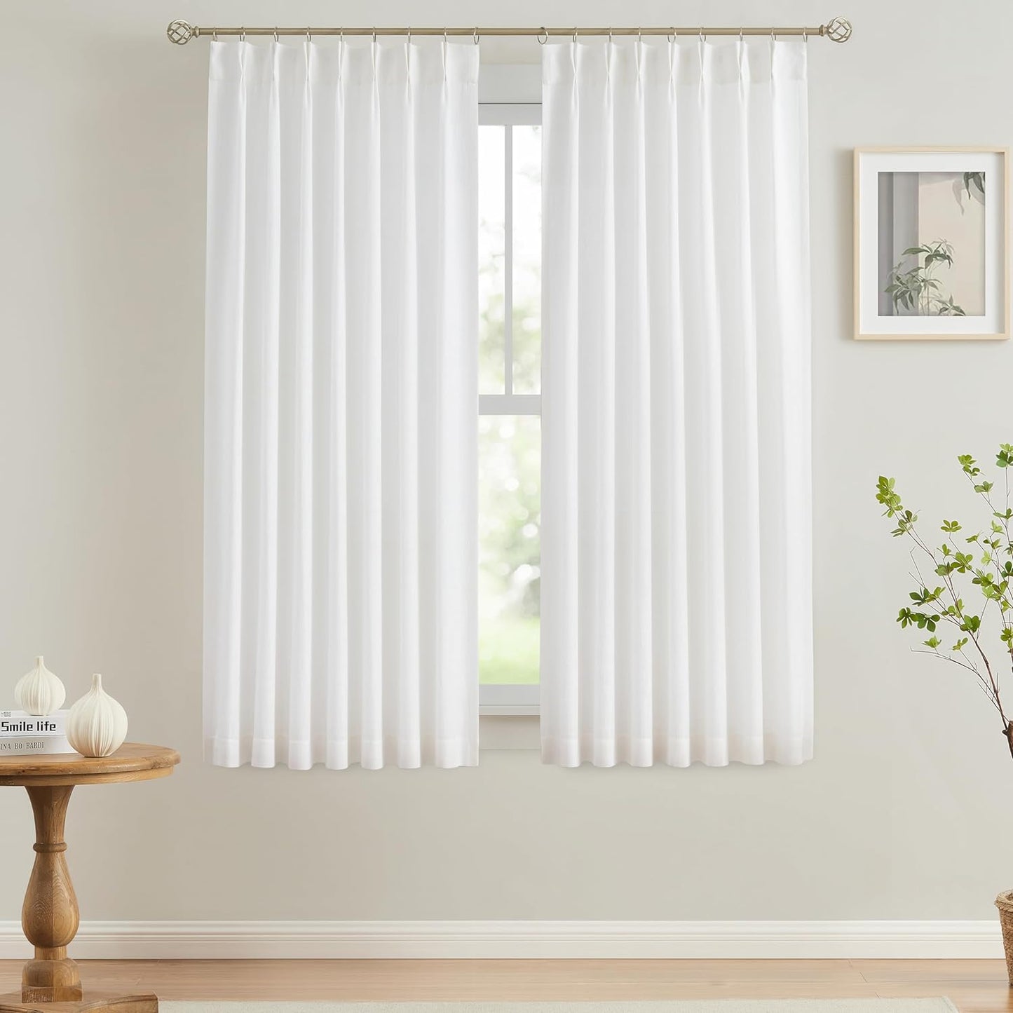 Vision Home Natural Pinch Pleated Semi Sheer Curtains Textured Linen Blended Light Filtering Window Curtains 84 Inch for Living Room Bedroom Pinch Pleat Drapes with Hooks 2 Panels 42" Wx84 L  Vision Home White/Pinch 40"X72"X2 