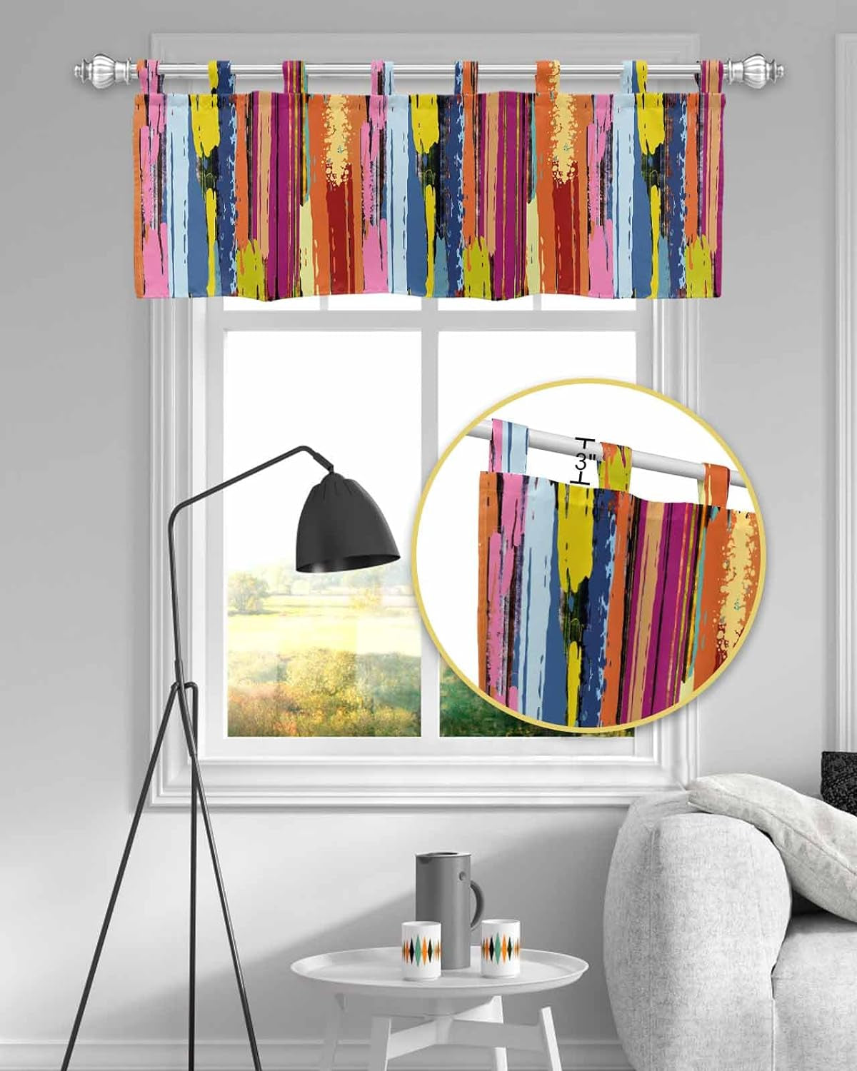 Abstract Rainbow Tab Top Valances for Windows, Short Window Treatment Vanlance Curtains & Drapes for Kitchen Living Room Bathroom Bedroom Cafe Modern Multicolor Tainted Ink Art 42'' X 12''