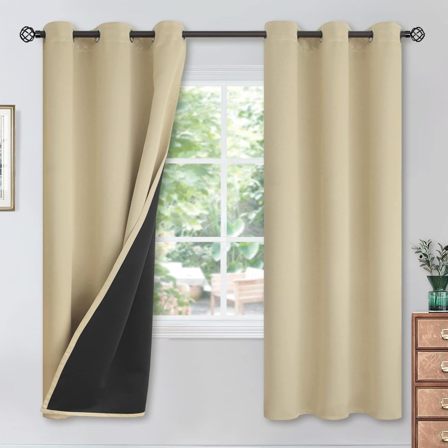 Youngstex Black 100% Blackout Curtains 63 Inches for Bedroom Thermal Insulated Total Room Darkening Curtains for Living Room Window with Black Back Grommet, 2 Panels, 42 X 63 Inch  YoungsTex Beige 42W X 72L 