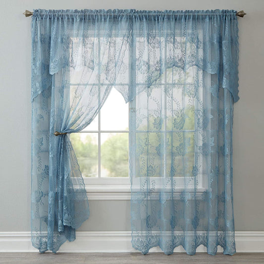 Brylanehome Ella Floral Lace Panel with Attached Valance - 58" W 63" L, Cornflower Blue