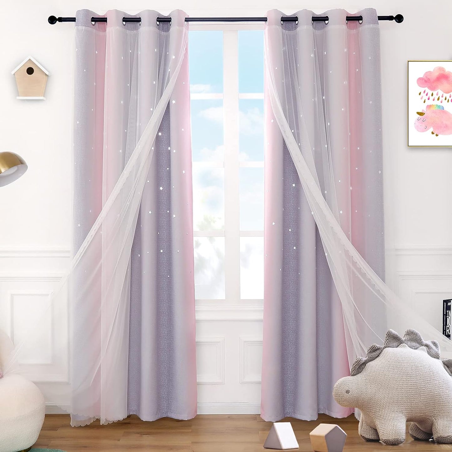 Anjee Rainbow Curtains for Girls Bedroom Double Layer Blackout Curtains Grommets Top Star Cutout Ombre Window Drapes with Sheer for Living Room 2 Panels in 52 X 84 Inch Length, Pink and Yellow  Anjee Pink/Grey/White W52" X L95" 