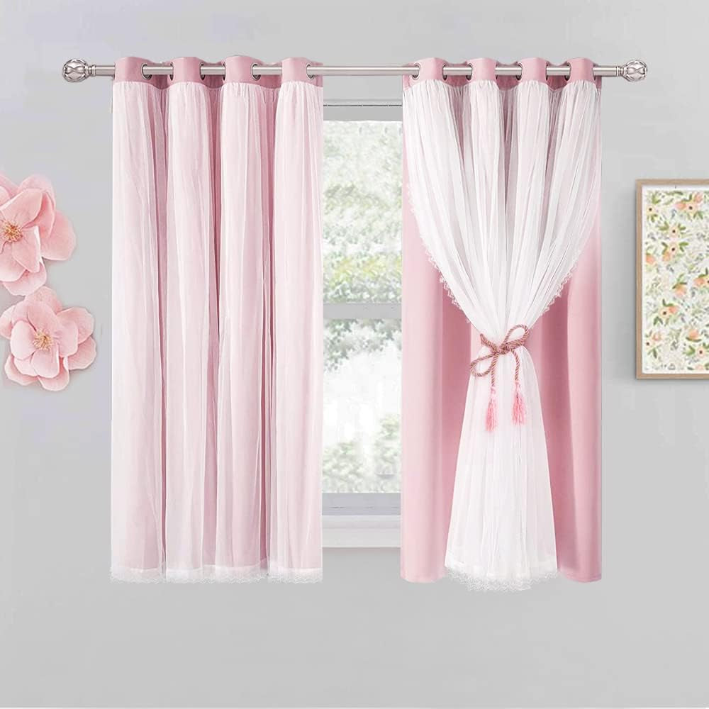 Pink Blackout Curtains 84 Inch Length - Double Layers Princess Girls Curtains & Draperies Panels for Kids Bedroom Living Room Nursery Pink Lace Hem Room Darkening Curtains, 2 Pcs  SOFJAGETQ Pink 52 X 54 