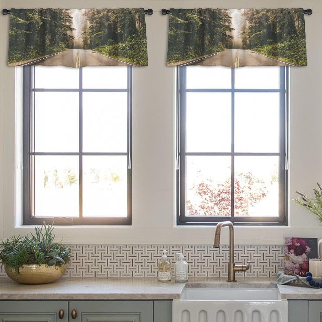 Forest Kitchen Window Curtains over Sink Kitchen Curtains Valances Foggy Straight Northern California United States Road Forest Curtains for Kitchen Living Room Bathroom Set of 2, 52X18 Inch