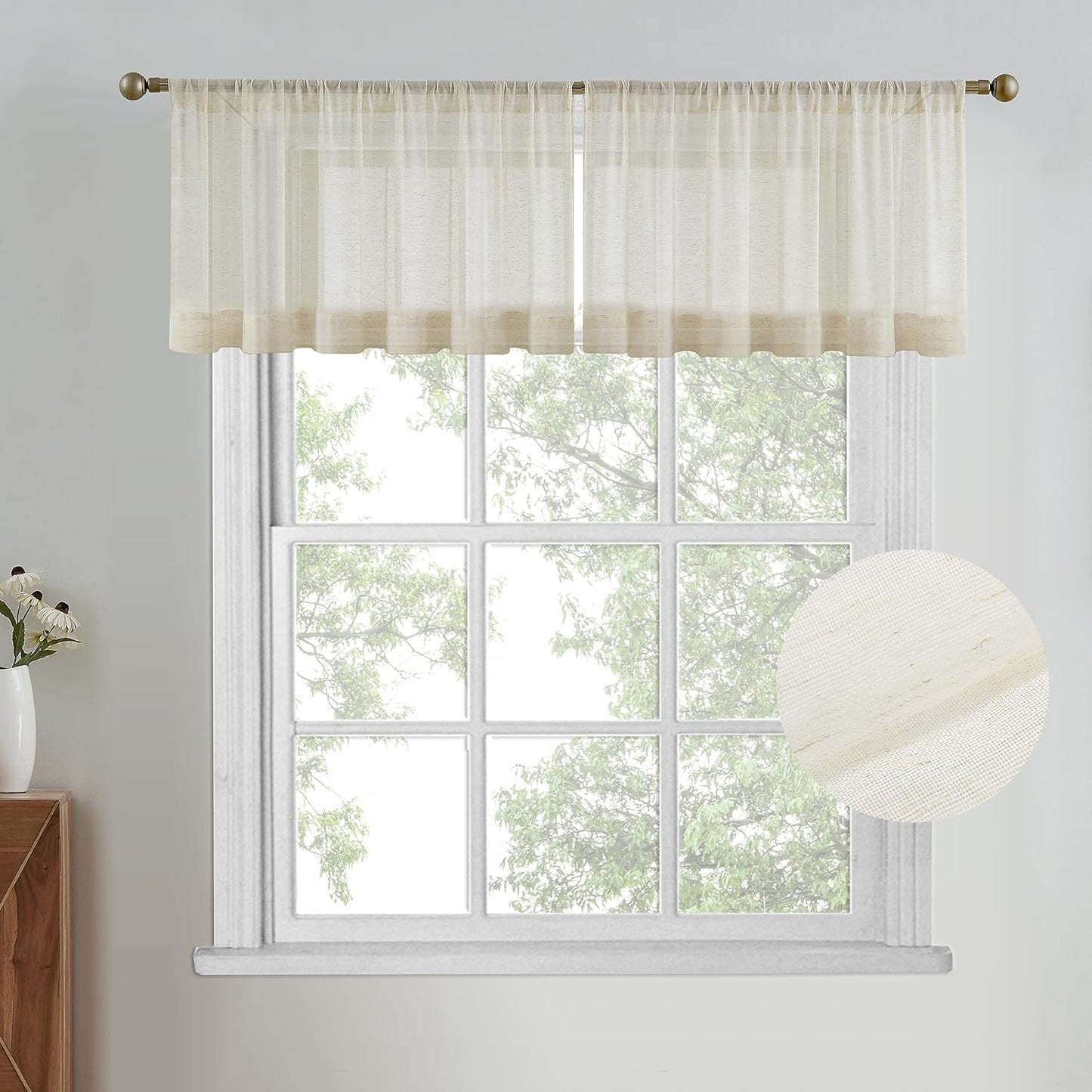 July Joy White Sheer Valance Curtains for Kitchen, 18 Inch Length Rod Pocket Window Drapes Faux Linen Semi Sheer Small Curtains for Bathroom Basement W 52 X L 18 Inch, 2 Panels