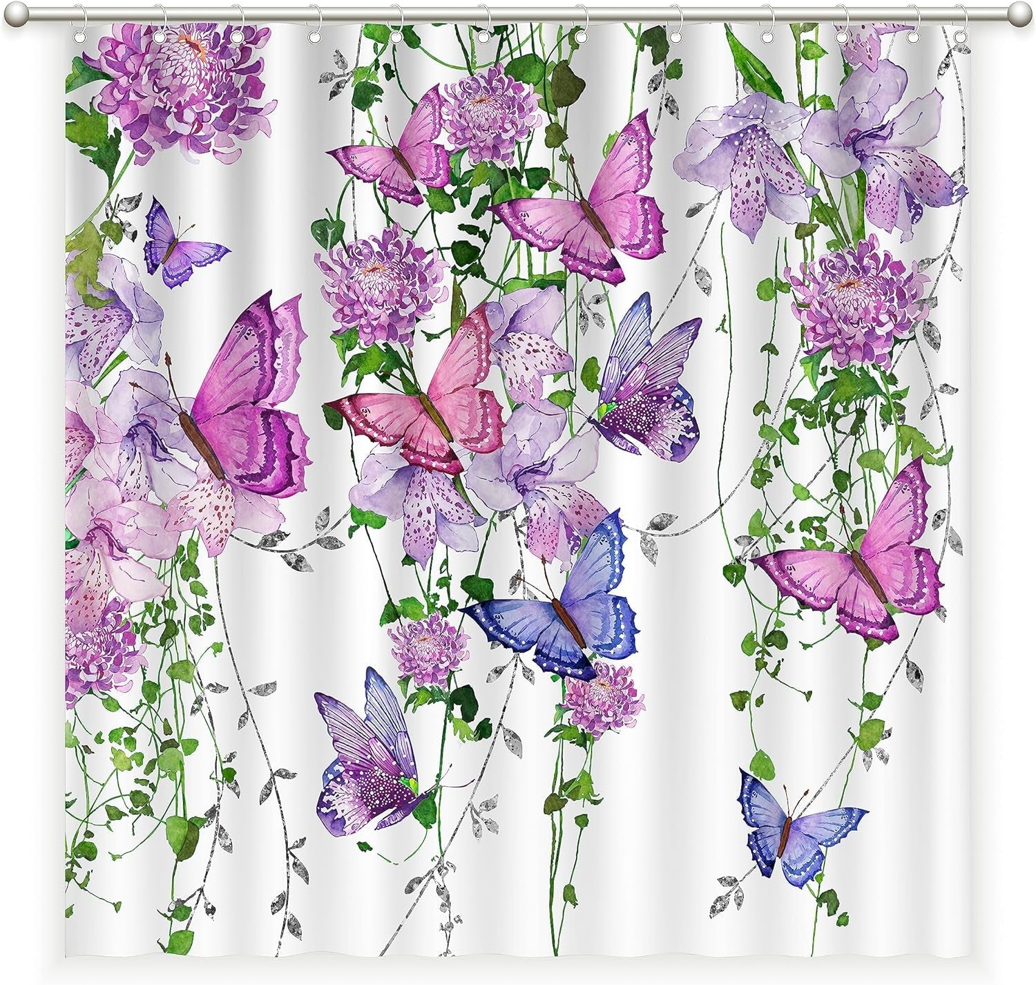 Chiinvent Purple Shower Curtain Butterfly Shower Curtains for Bathroom, Spring Shower Curtain Lavender Lilac Pink Floral Shower Curtain with 12 Hooks, Machine Washable Waterproof Fabric, 72X72 Inches