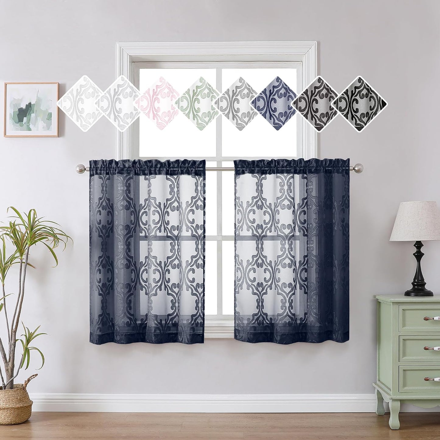 Aiyufeng Suri 2 Panels Sheer Sage Green Curtains 63 Inches Long, Light & Airy Privacy Textured Sheer Drapes, Dual Rod Pocket Voile Clipped Floral Luxury Panels for Bedroom Living Room, 42 X 63 Inch  Aiyufeng Navy Blue 2X42X36" 