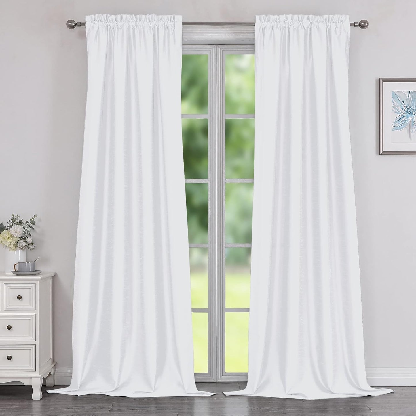 Chyhomenyc Uptown Sage Green Kitchen Curtains 45 Inch Length 2 Panels, Room Darkening Faux Silk Chic Fabric Short Window Curtains for Bedroom Living Room, Each 30Wx45L  Chyhomenyc White 2X40"Wx96"L 