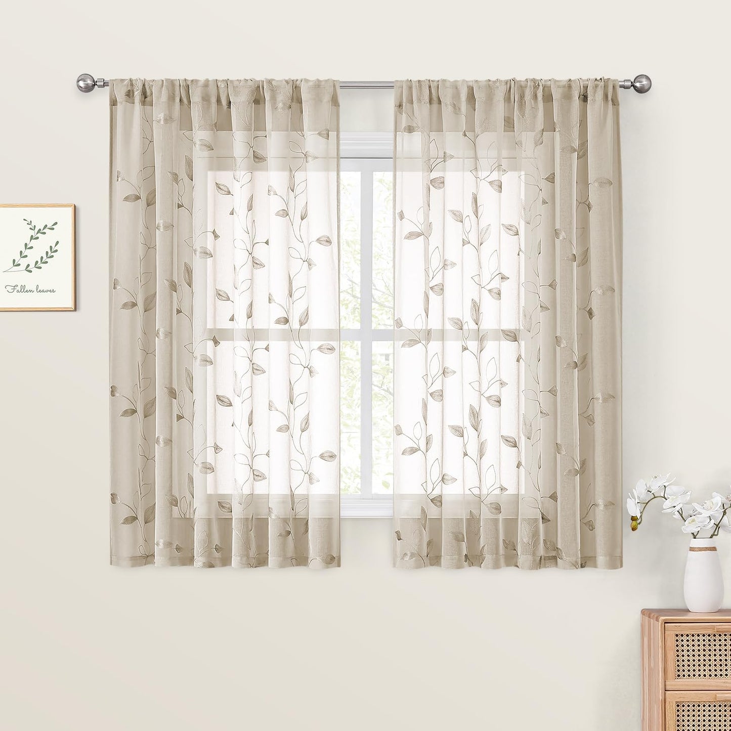 HOMEIDEAS Sage Green Sheer Curtains 52 X 63 Inches Length 2 Panels Embroidered Leaf Pattern Pocket Faux Linen Floral Semi Sheer Voile Window Curtains/Drapes for Bedroom Living Room  HOMEIDEAS 2-Taupe/Beige W52" X L54" 