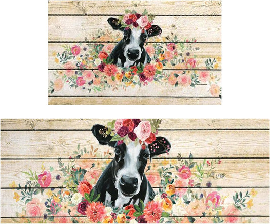 Cow Print Rugs for Kitchen Floor, Farmhouse Kitchen Mats Cushioned anti Fatigue 2 Piece Set, Kitchen Mat Set of 2 and Kitchen Rug Washable for Home Kitchen Decor 17"X30"+17"X47"