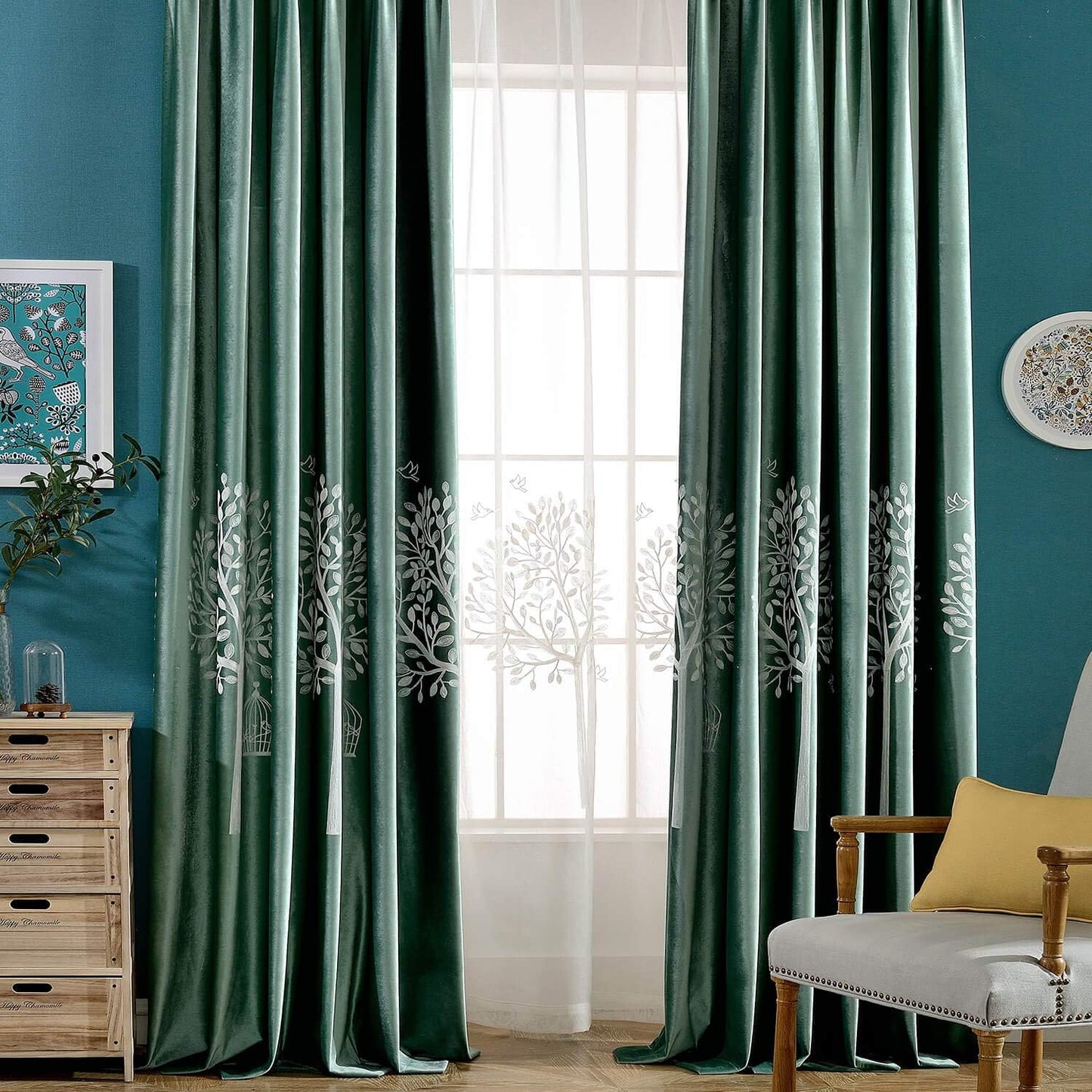 VOGOL Sheer Curtains 84 Inches Long, Trees Embroidered White Sheer Window Curtain for Living Room/Dining Room, Rod Pocket, 52 X 84, 2 Panels  YouYee Tree-Green W60Xl106 