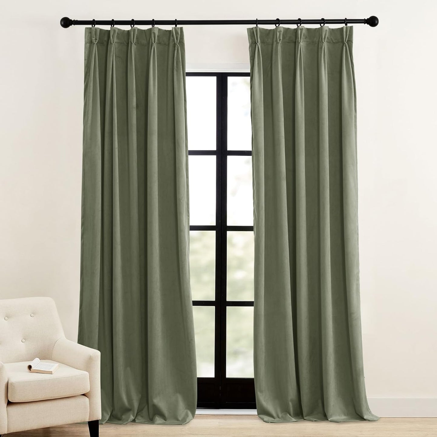 RYB HOME Sage Green Pinch Pleated Velvet Curtains 84 Inches, Hook Rings & Back Tab Thermal Insulated Room Darkening Pleated Drapes for Bedroom Living Room, W34 X L84 Inches, 2 Panels  RYB HOME   