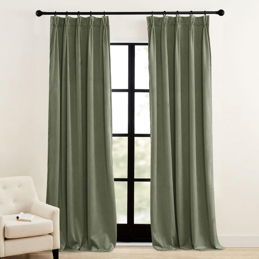 RYB HOME Sage Green Pinch Pleated Velvet Curtains 84 Inches, Hook Rings & Back Tab Thermal Insulated Room Darkening Pleated Drapes for Bedroom Living Room, W34 X L84 Inches, 2 Panels  RYB HOME   