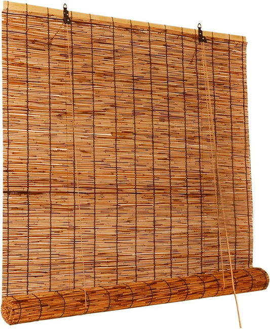 Blackout Bamboo Roller Shades for Indoor/Outdoor, Bamboo Blinds for Patio 24" 28" 30" 32" 36" 40" 42" 46" 48" 51" 53" 54" 60" 72" Wide, Natural Bamboo Roll up Curtain Woven Custom Shades Cordless