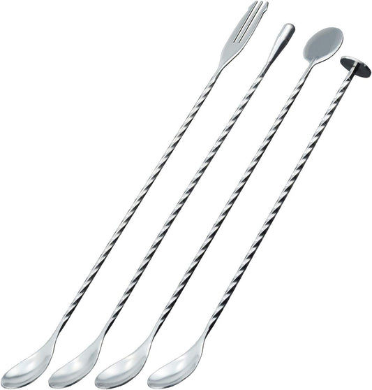 JETKONG 4 Pcs Bar Spoons Cocktail Mixing Spoon 12-Inch Bar Stirring Spoon Stainless Steel Cocktail Stirrer, Long Handle Drink Stirrers Cocktail Spoons