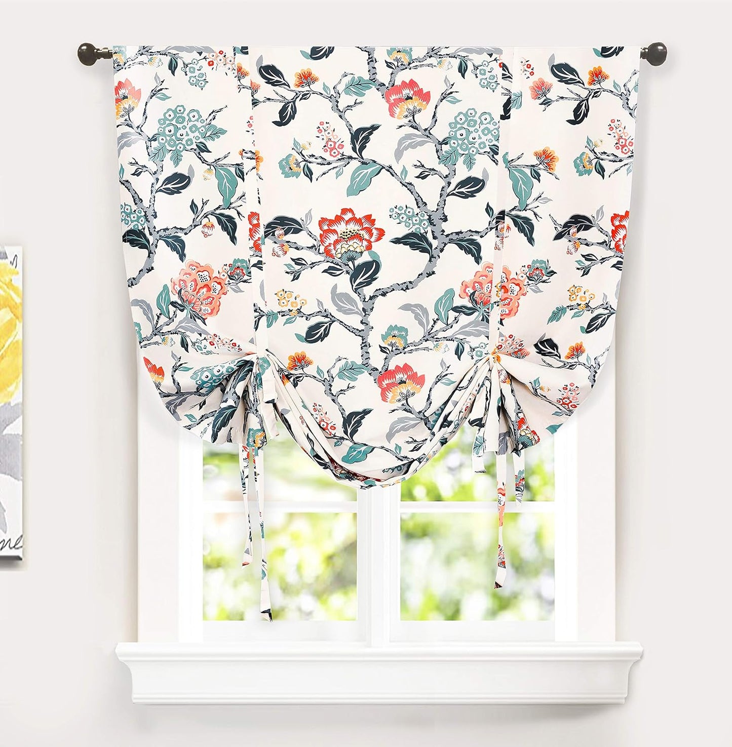 Driftaway Ada Botanical Print Lined Flower Leaf Tie up Curtain Thermal Insulated Privacy Blackout Window Adjustable Balloon Curtain Shade Rod Pocket Single 39 Inch by 55 Inch Ivory Orange Teal  DriftAway 1 45"X63" 