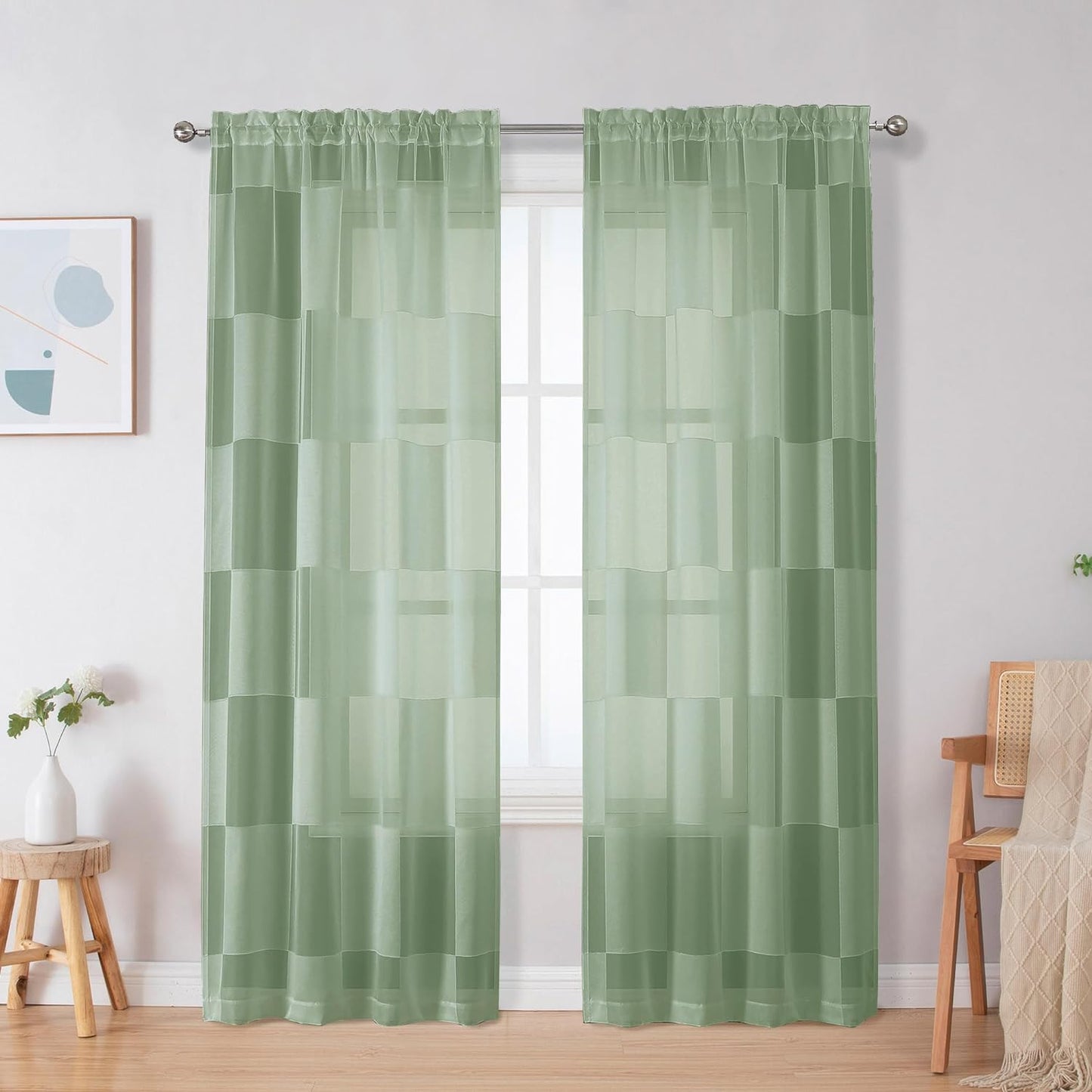OVZME Sage Green Sheer Bedroom Curtains 84 Inch Length 2 Panels Set, Dual Rod Pocket Clip Checkered Window Curtains for Living Room, Light Filtering & Privacy Sheer Green Drapes, Each 42W X 84L  OVZME Sage Green 42W X 84L 