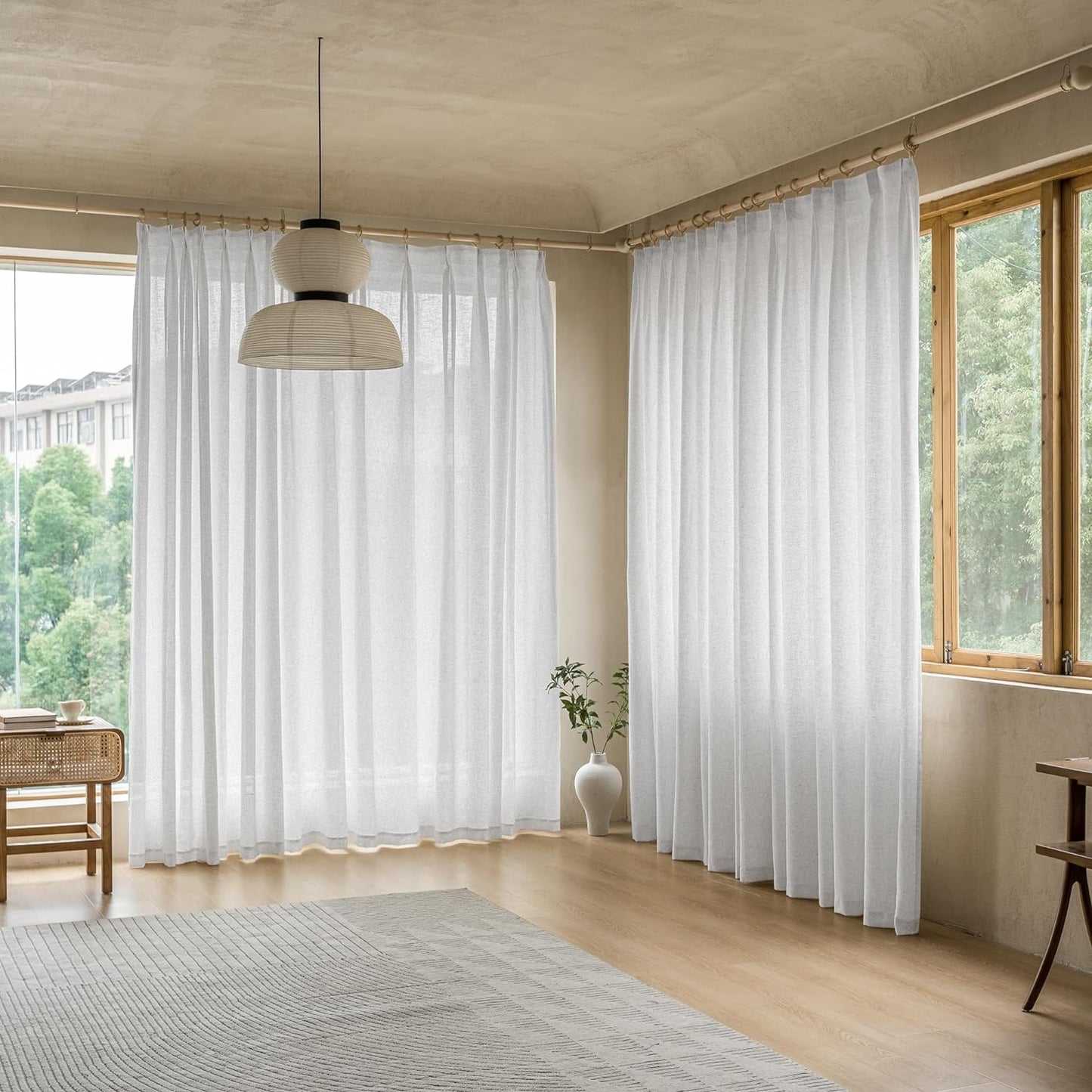 MAIHER Extra Wide Pinch Pleated Drapes 108 Inches Long, Faux Linen Light Filtering Semi Sheer Curtains with Hooks for Living Room Bedroom, Natural Linen (1 Panel, 100 W X 108 L)  MAIHER Beige White 84X108 