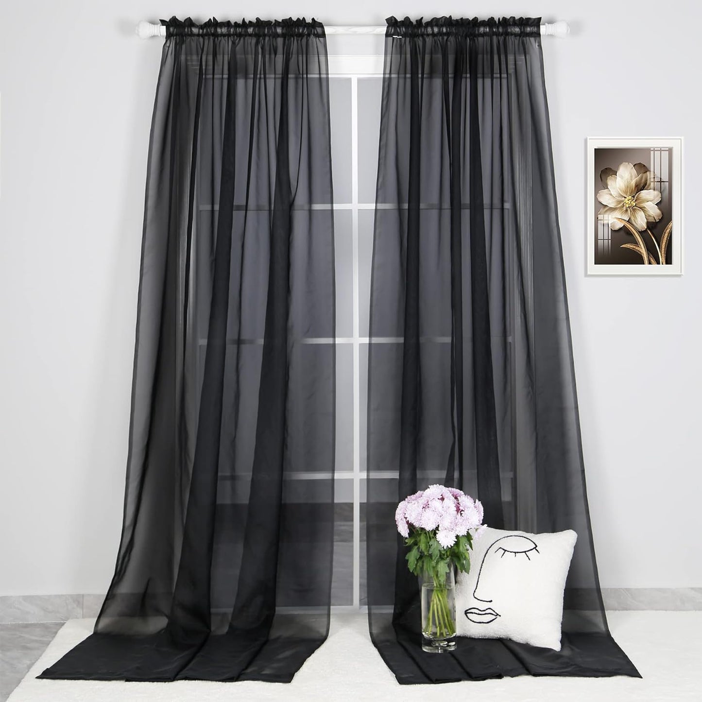 Dulcidee White Sheer Curtains 84 Inches Long 2 Panels Set - Lightweight and Light Filtering Elegant Rod Pocket Voile Window Sheer White Drapes for Bedroom/Living Room,2Pcs  DULCIDEE Black 59W X 120L | 2 Panels 