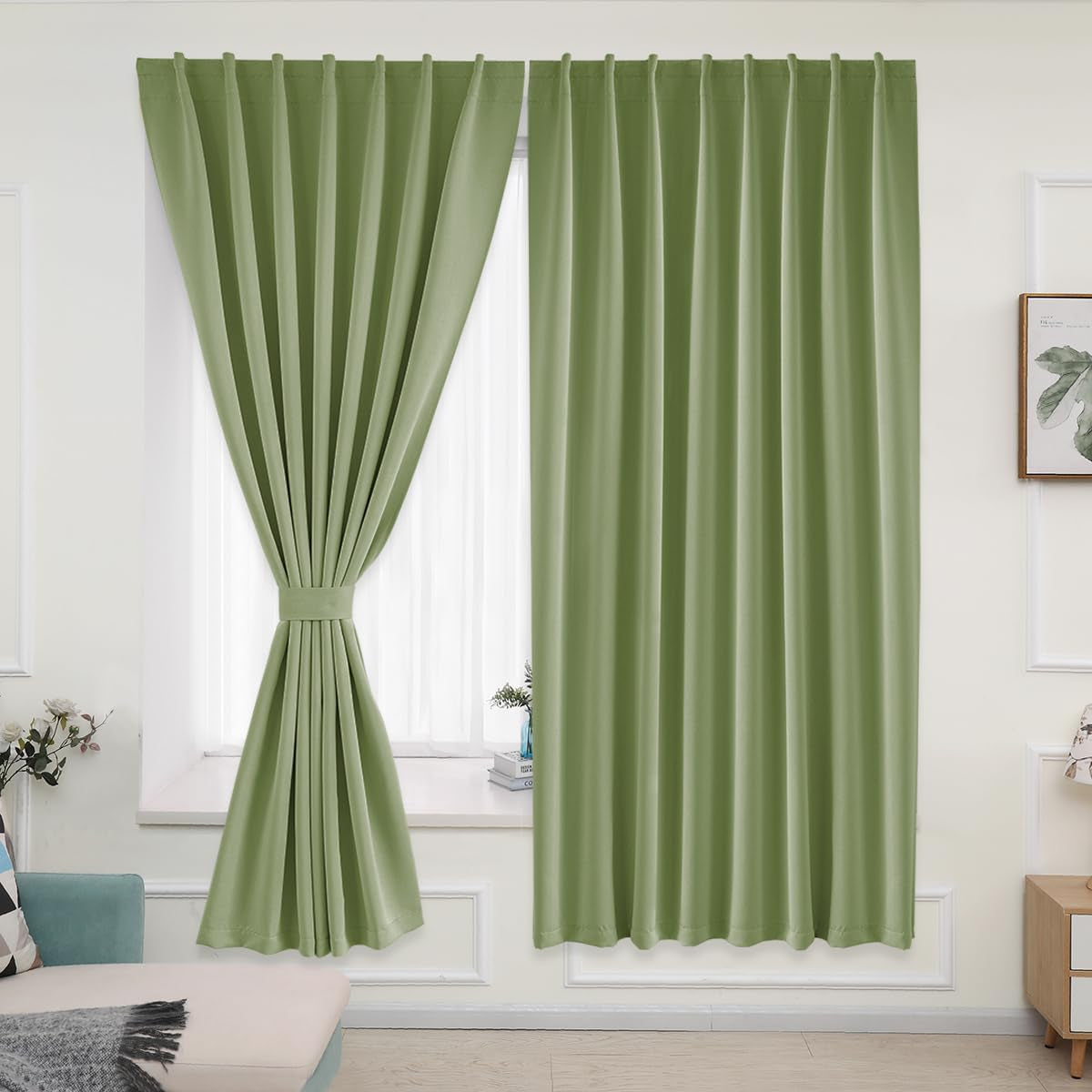 Muamar 2Pcs Blackout Curtains Privacy Curtains 63 Inch Length Window Curtains,Easy Install Thermal Insulated Window Shades,Stick Curtains No Rods, Black 42" W X 63" L  Muamar Sage Green 42"W X 84"L 