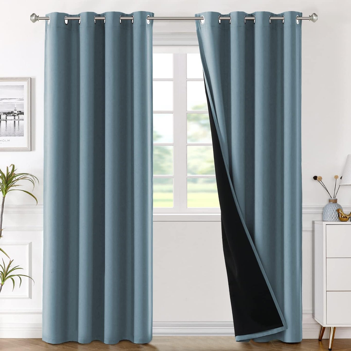 H.VERSAILTEX Blackout Curtains with Liner Backing, Thermal Insulated Curtains for Living Room, Noise Reducing Drapes, White, 52 Inches Wide X 96 Inches Long per Panel, Set of 2 Panels  H.VERSAILTEX Stone Blue 52"W X 96"L 