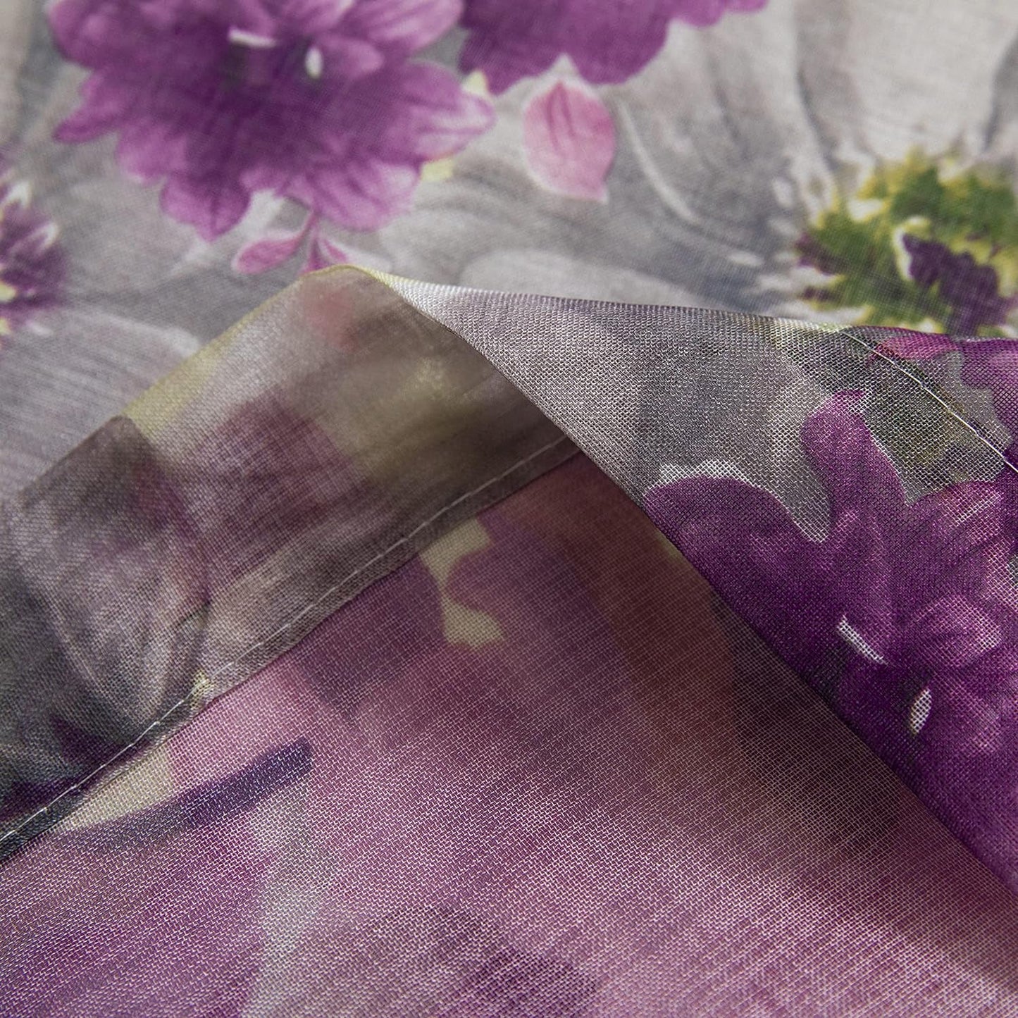Floral Sheer Curtains 63 Inch Length Purple Flower Printed French Country Semi Sheer Curtain for Girls Bedroom Living Room Linen Look Blossom Patterned Rod Pocket Voile Drapes 2 Panels